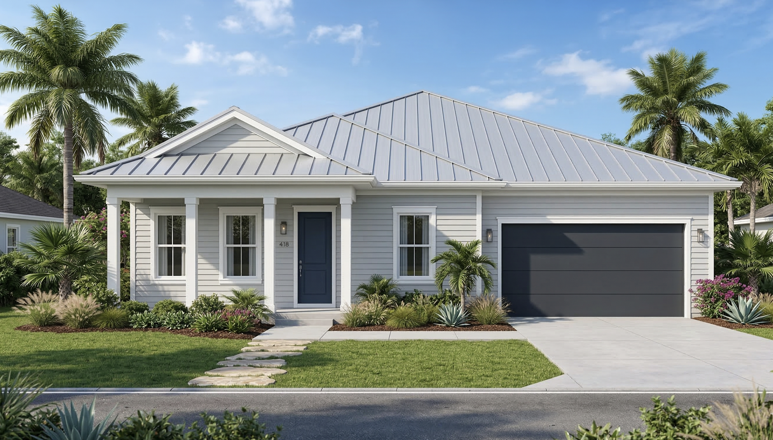Coastal single-story home with light gray exterior and metal roof