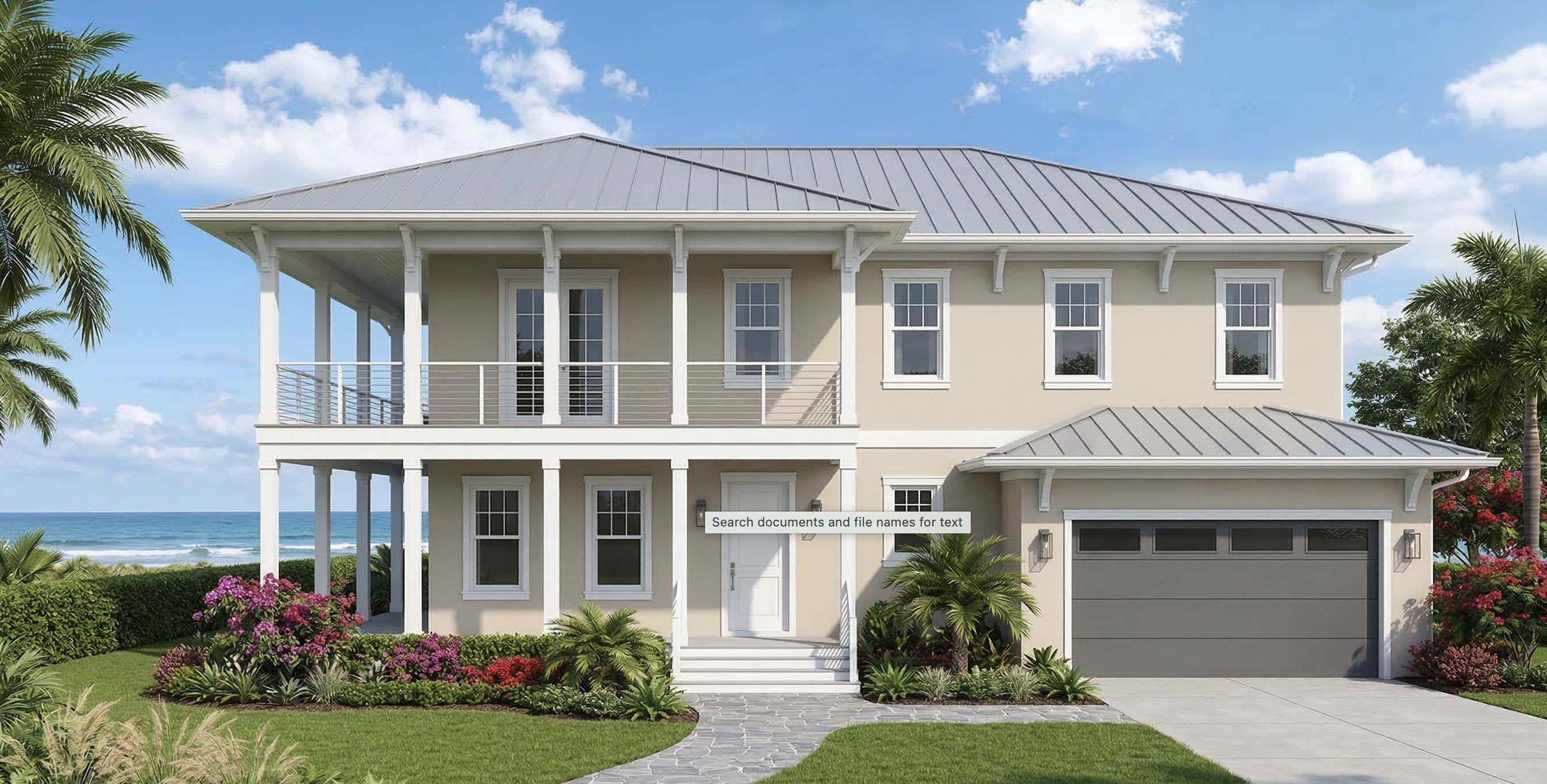 Tropical coastal two-story home with wrap-around balcony