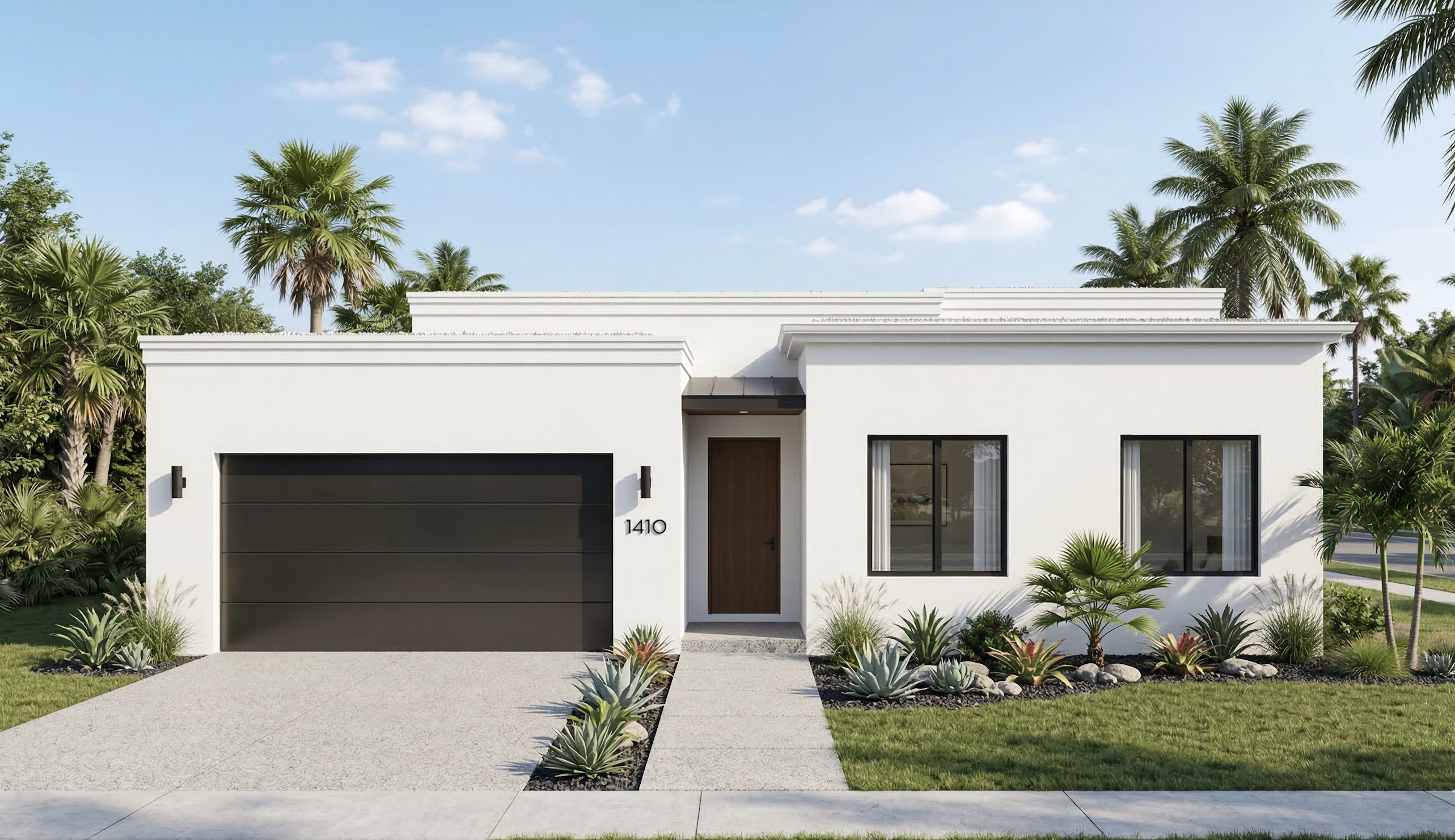 Modern minimalist single-story home with white exterior and black window frames