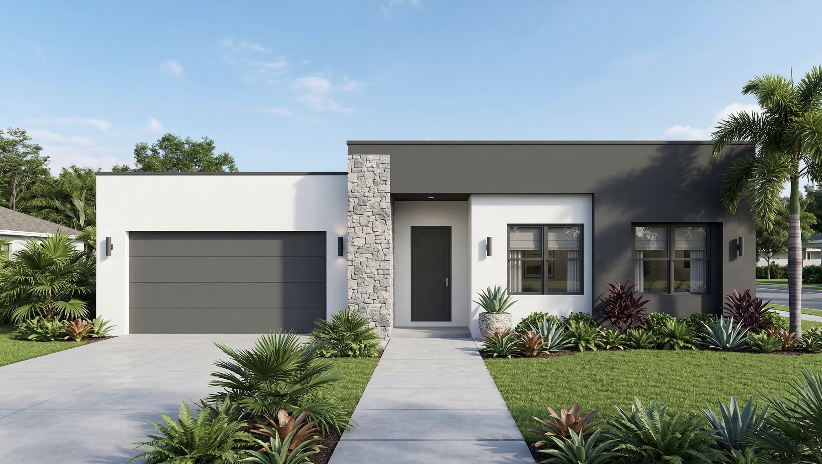 Modern single-story home with gray and white two-tone exterior