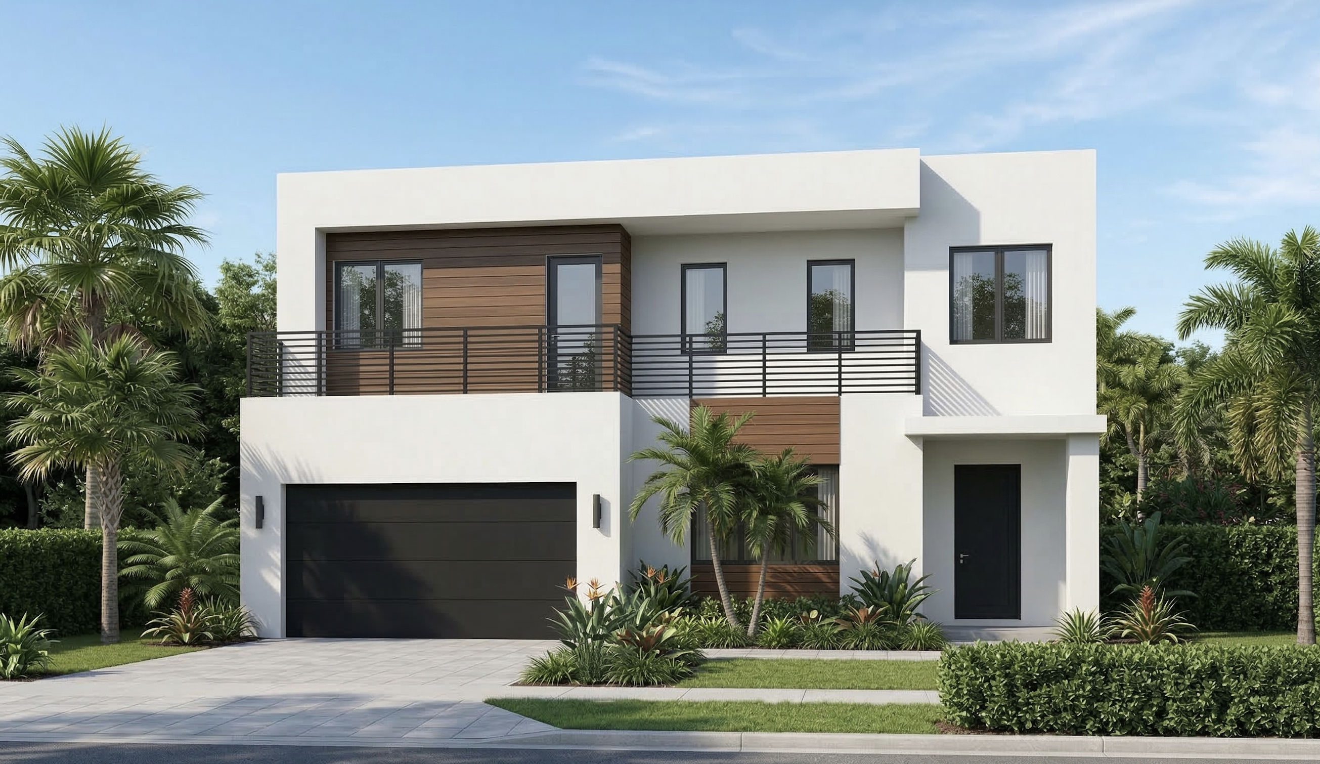 Modern two-story home with dark wood cladding accents