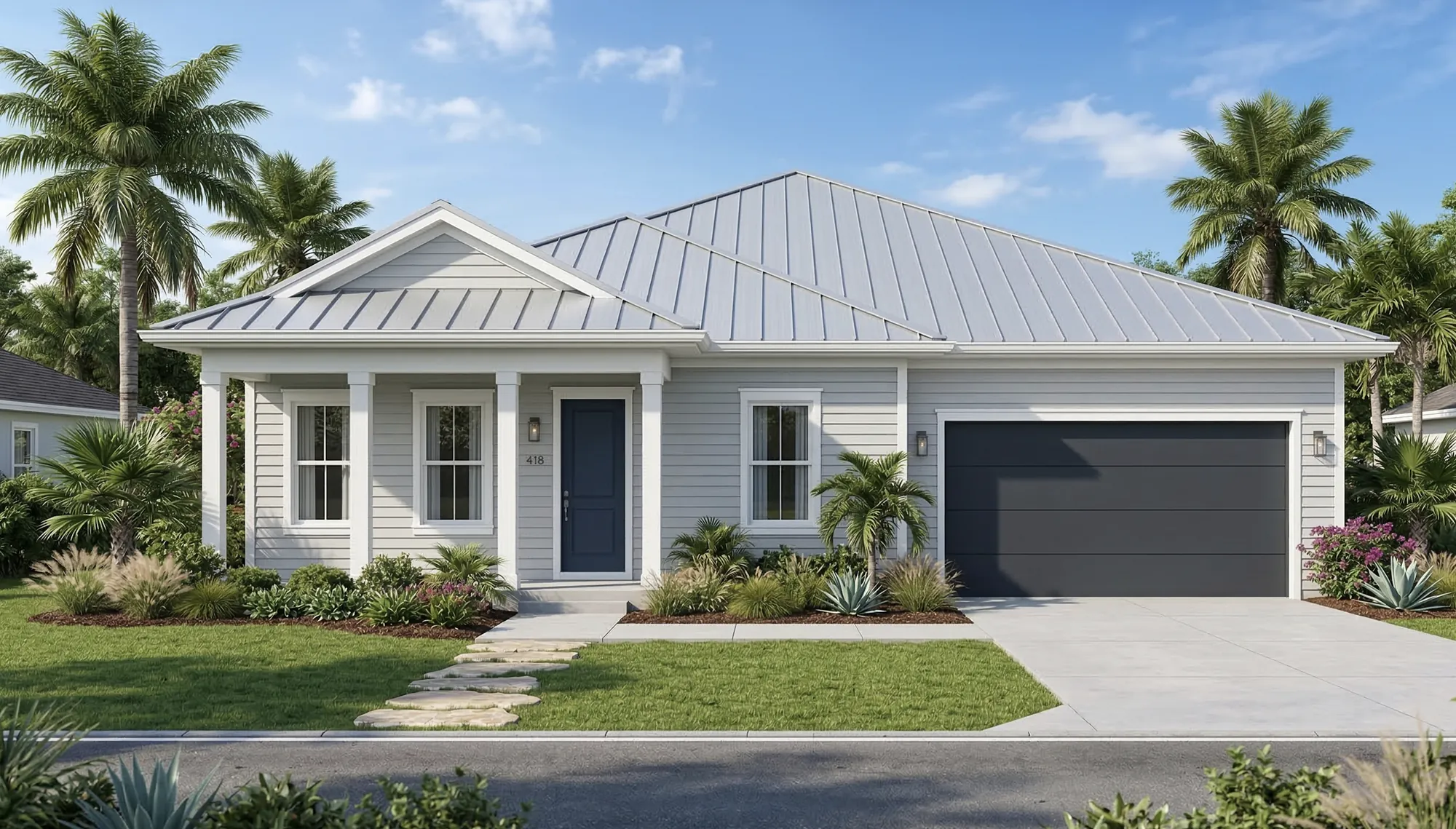 Coastal single story home with light gray exterior and metal roof