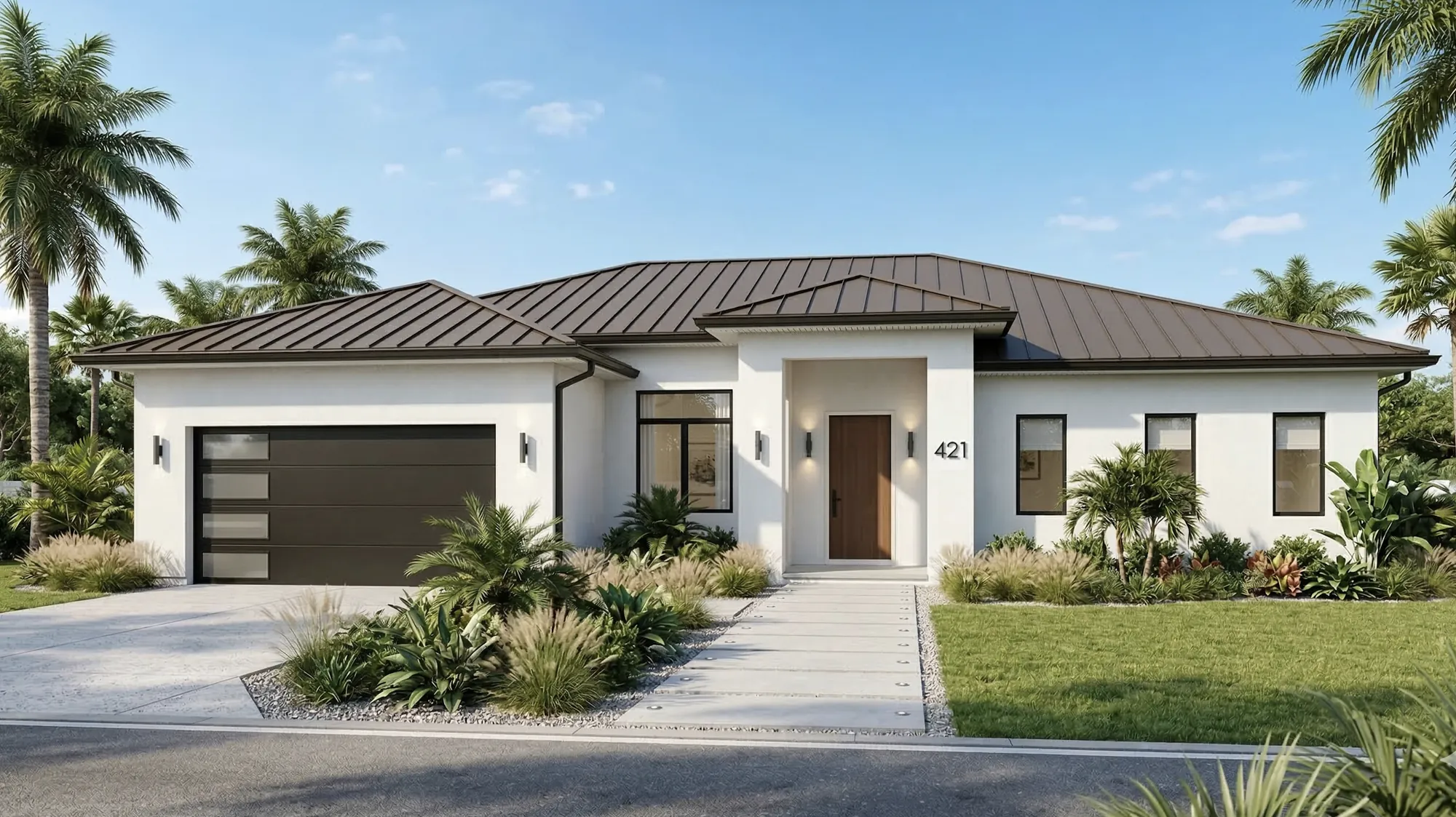 Modern coastal single story home with all stucco exterior