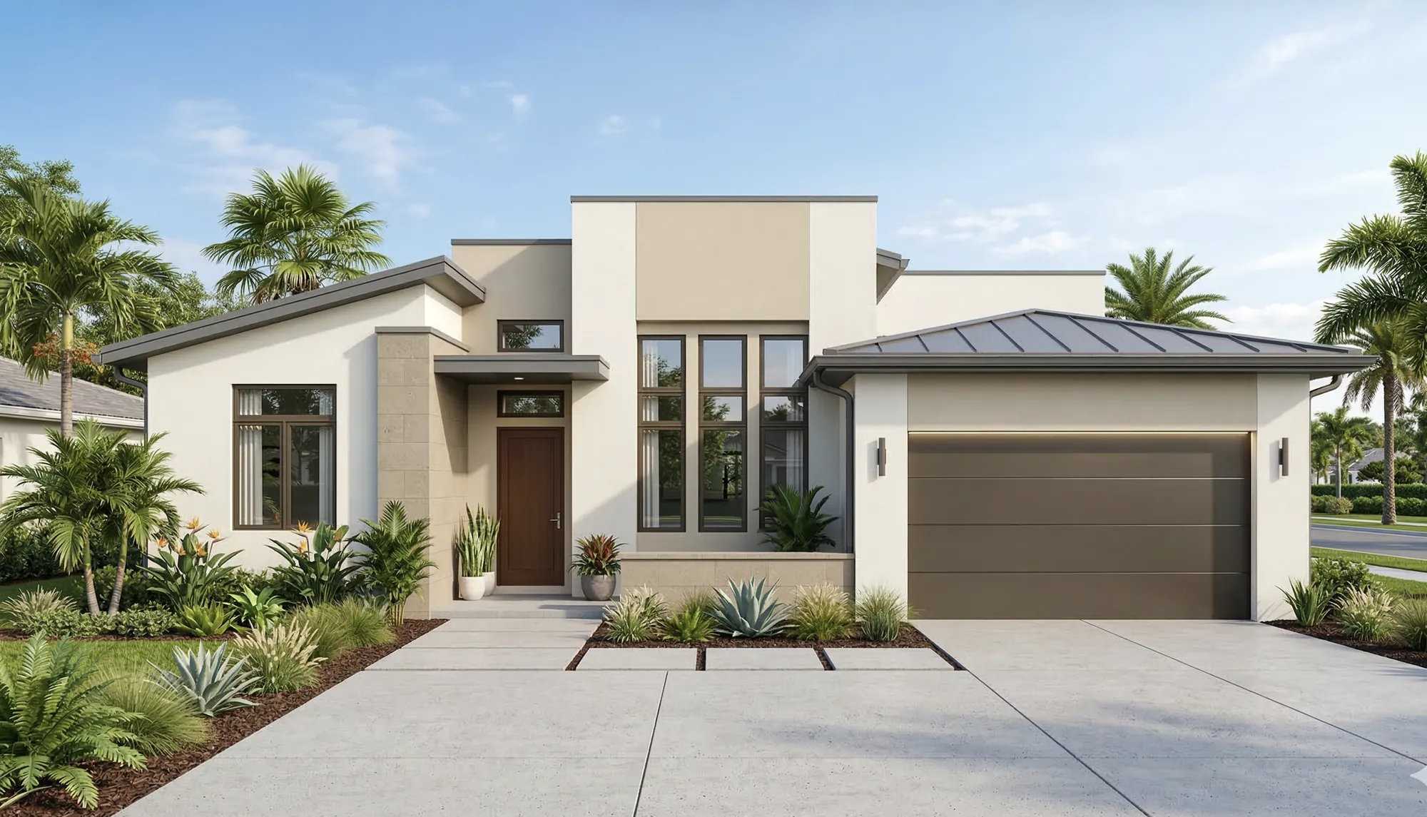 Contemporary single story home with clean lines and mixed materials