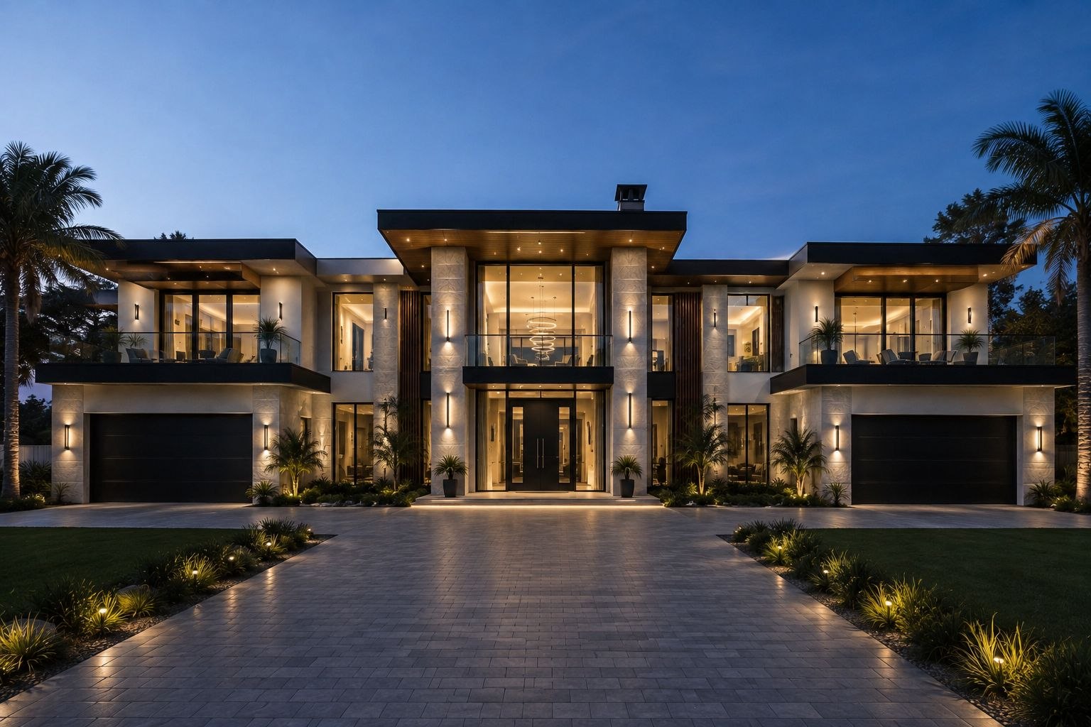 Luxury contemporary two story estate with double height glass and stone accents