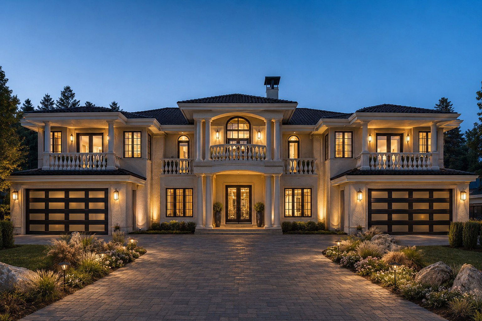 Luxury Mediterranean two story estate with columns, balconies, and a tile roof