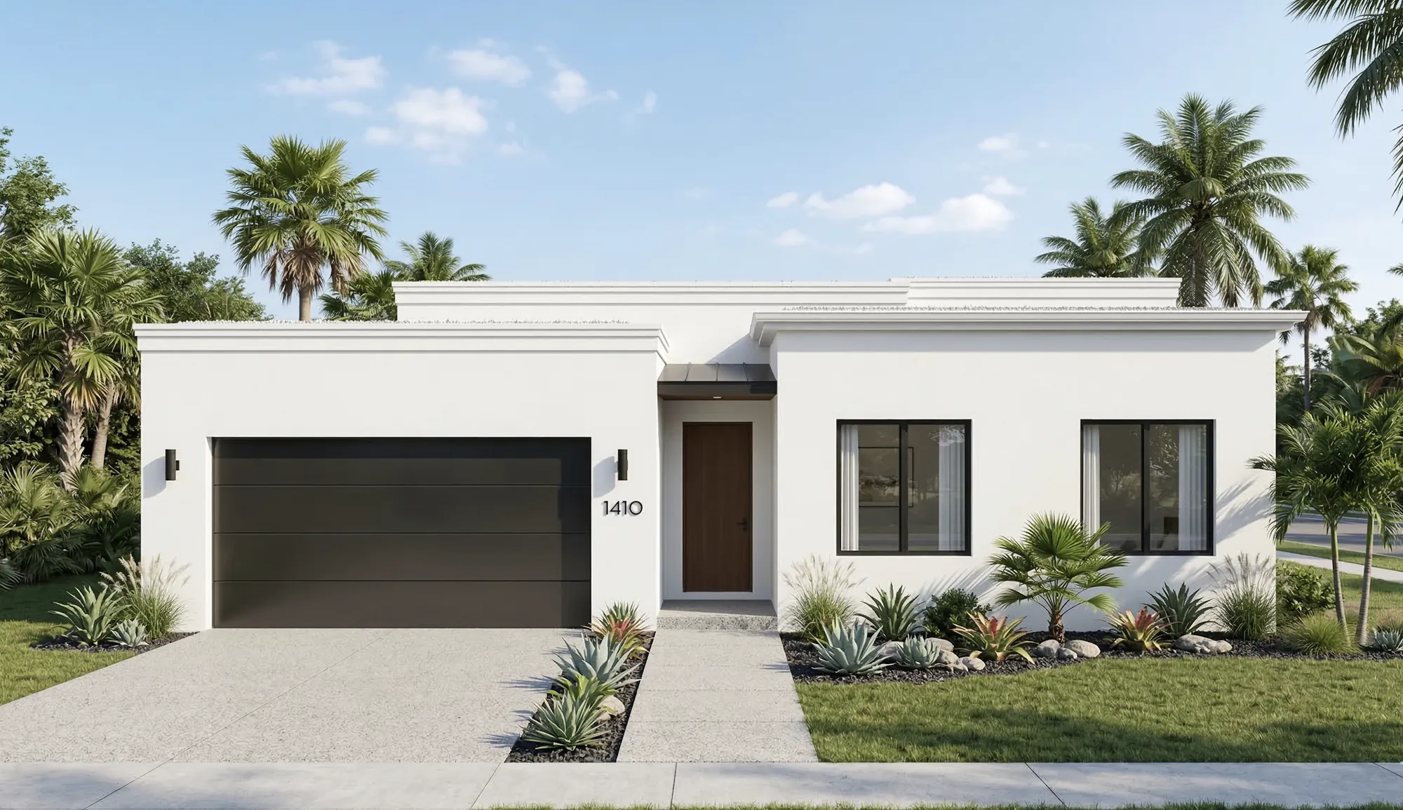 Modern minimalist single story home with white exterior and black window frames