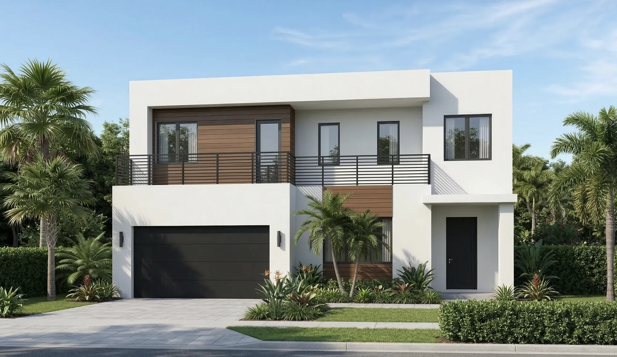 Modern two story home with dark wood cladding accents