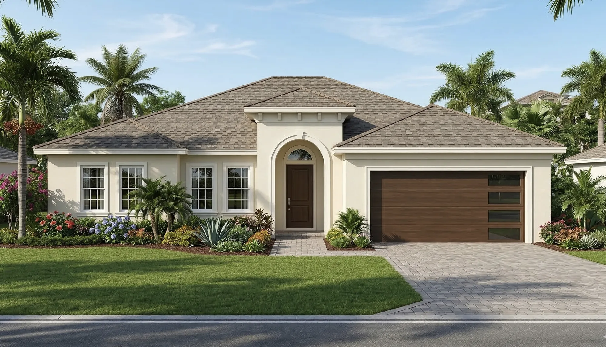 Traditional single story Florida home with cream stucco and tile roof