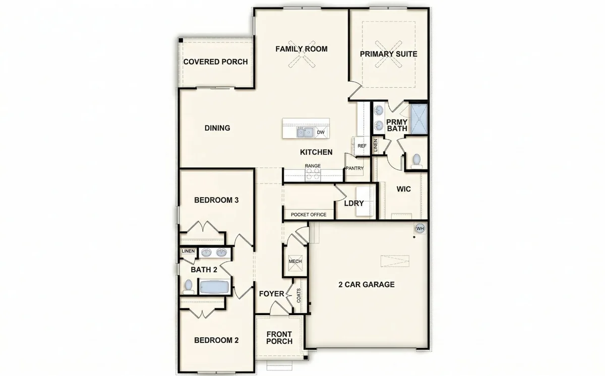1,700 sq ft single story 3 bed 2 bath floor plan, BuilderK
