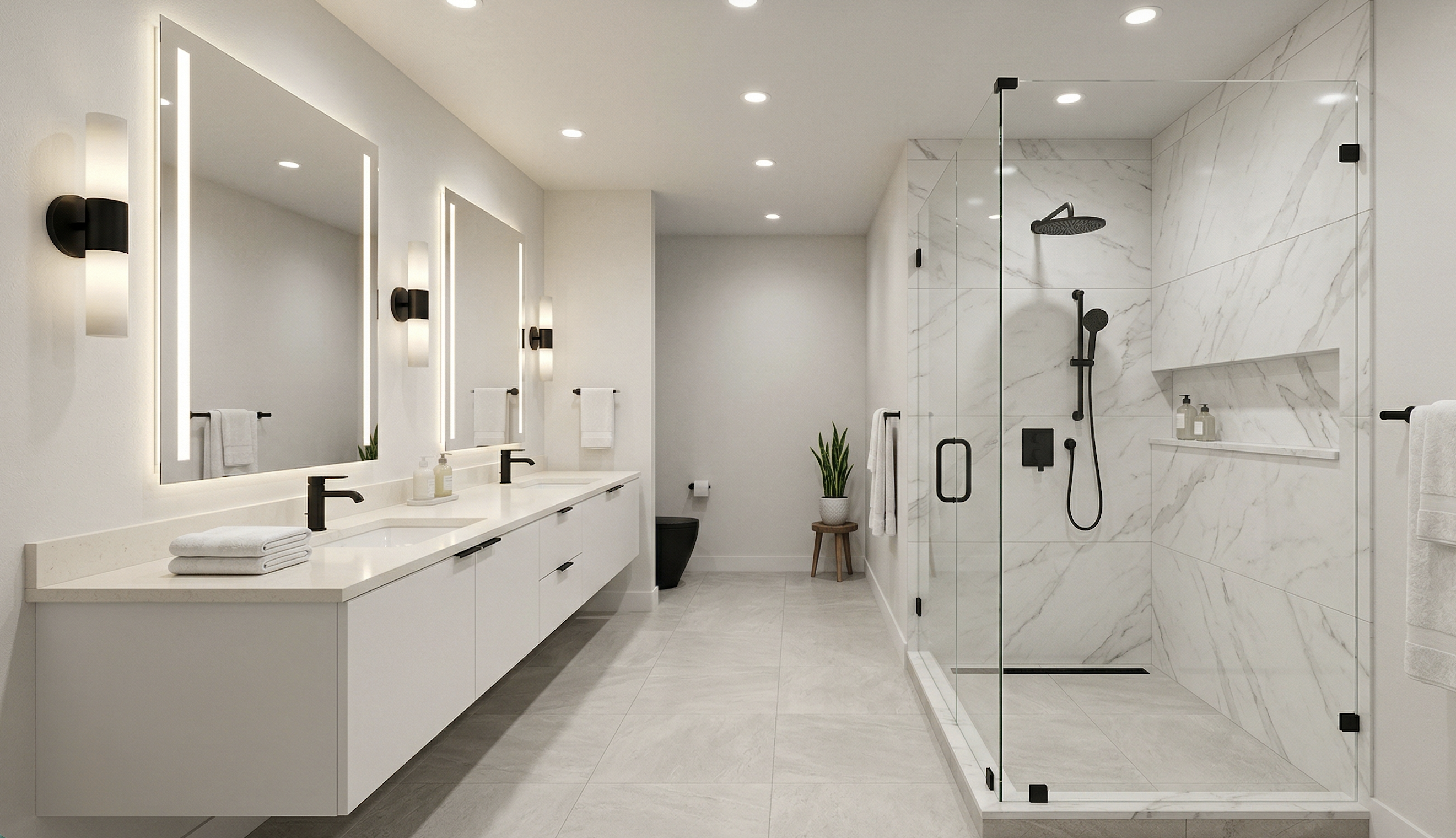 Modern double vanity bathroom with floating cabinet and LED backlit mirrors