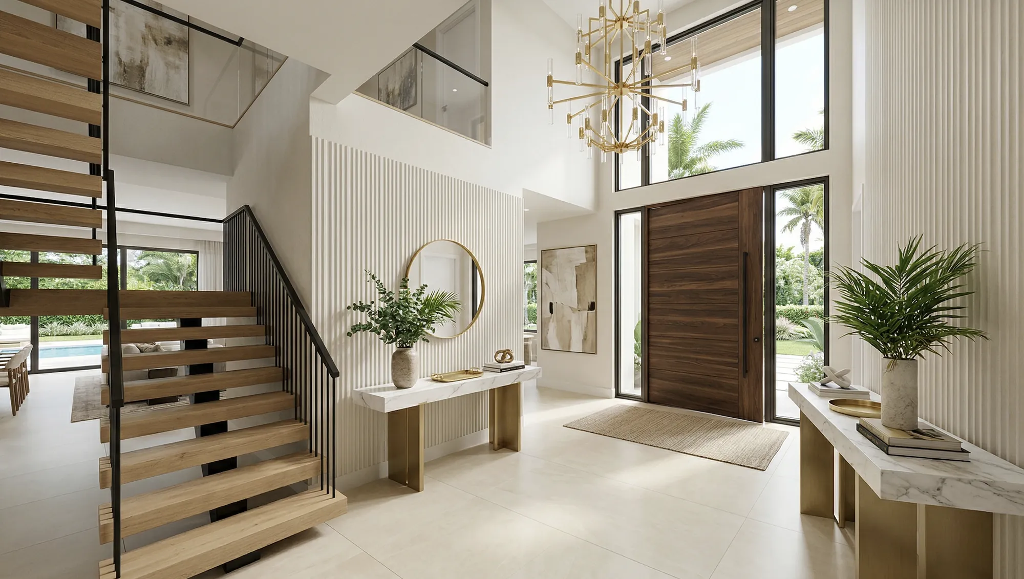 Tall foyer with chandelier and fluted accent wall in luxury Florida home