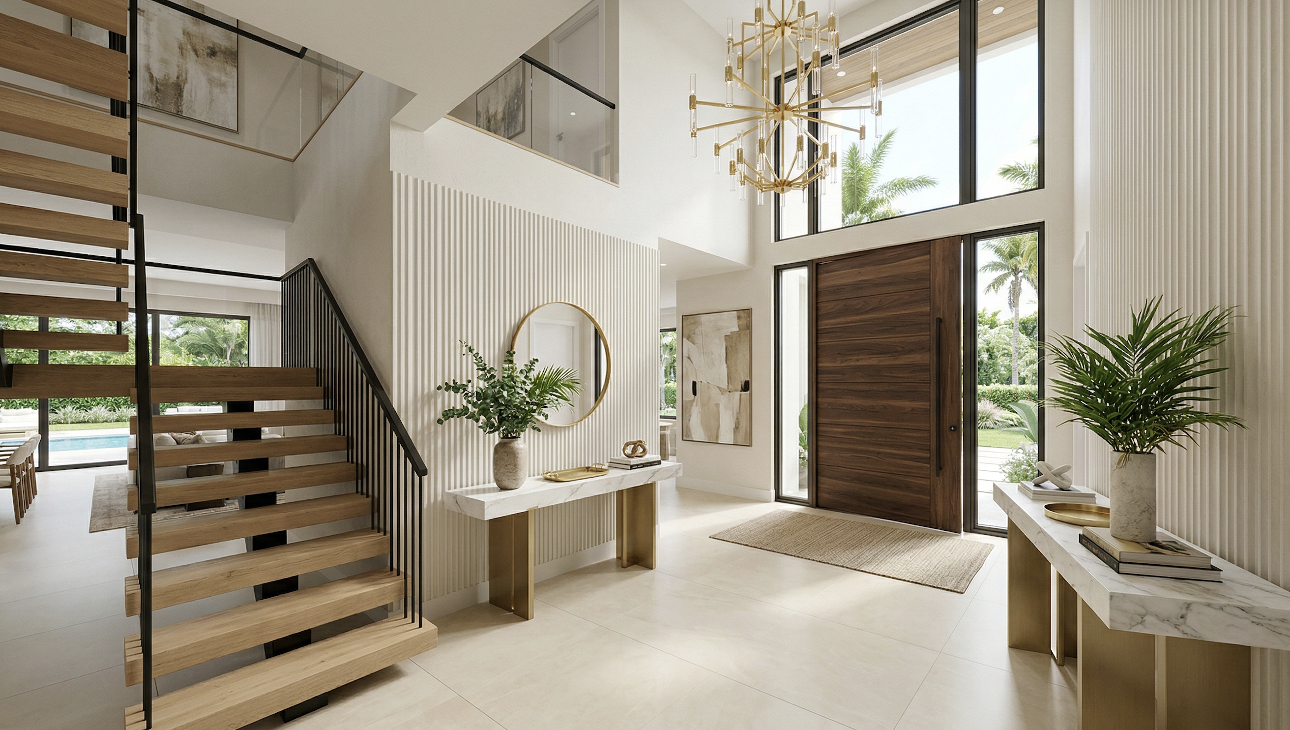Double-height foyer with chandelier and fluted accent wall in luxury Florida home