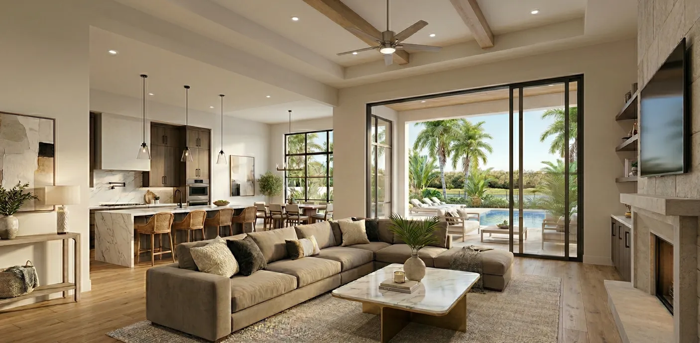 Open concept great room with kitchen, wood beams, and pool view in a luxury Florida custom home