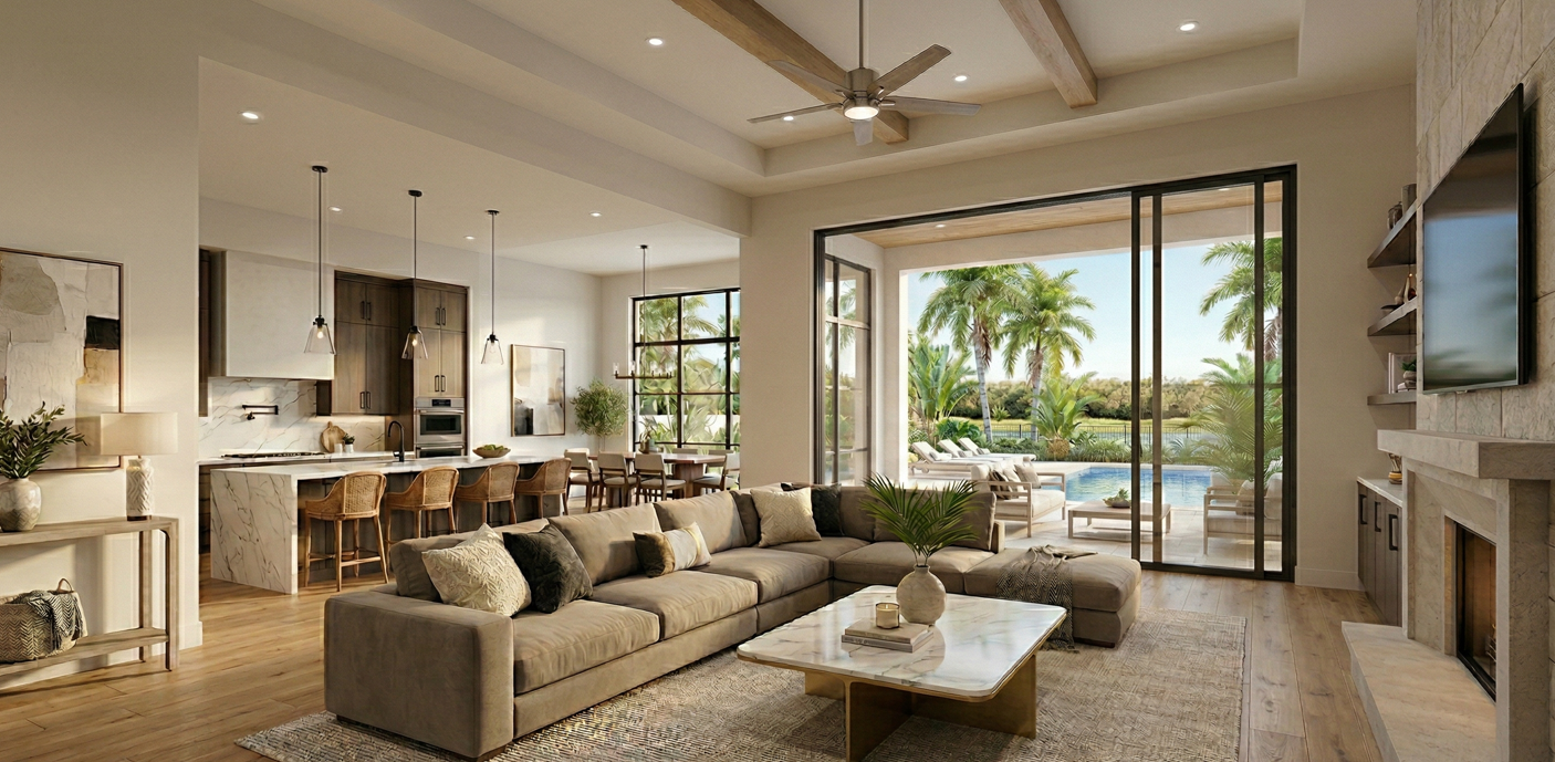 Open concept great room with kitchen, wood beams, and pool view in a luxury Florida custom home