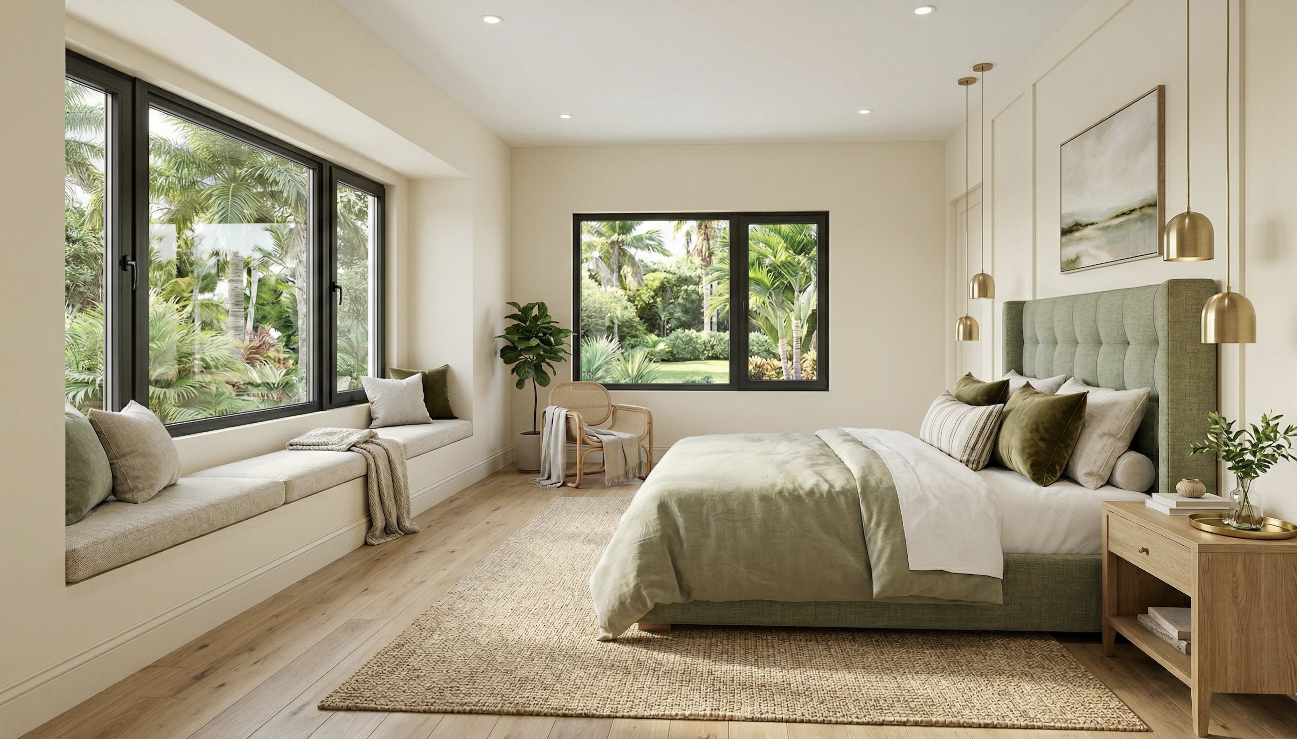 Guest bedroom with built-in window seat and garden views
