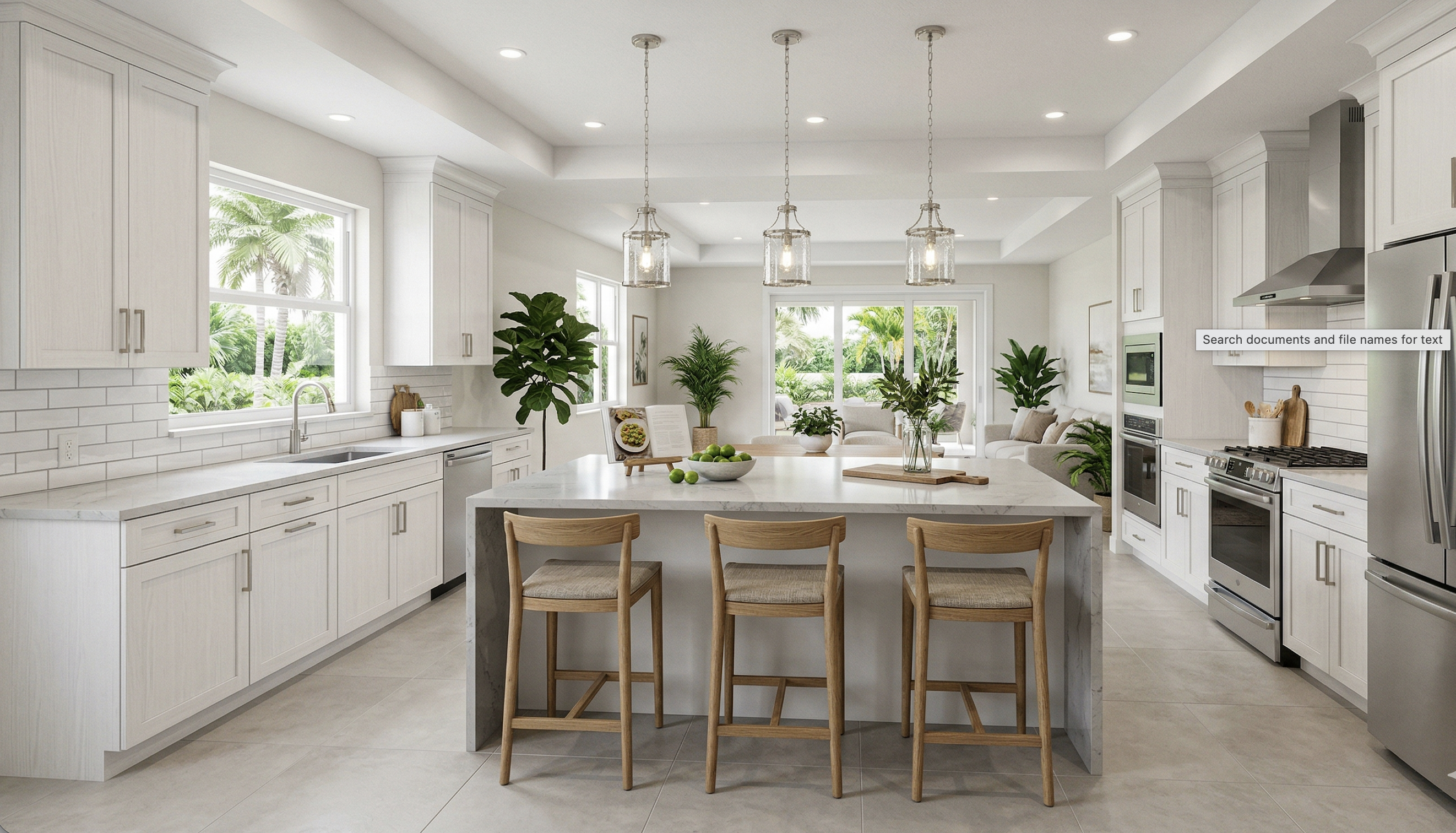 Luxury kitchen with white cabinets, marble waterfall island, and pendant lights