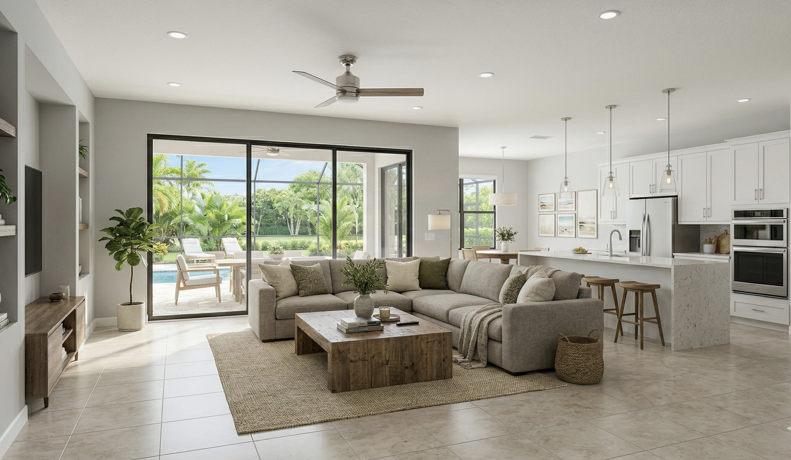 Contemporary living room with large sectional sofa and lanai slider