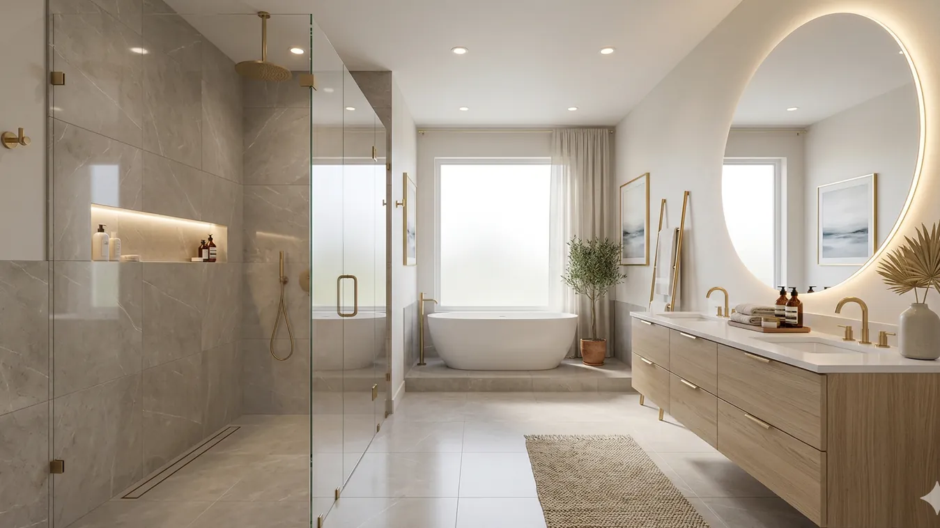 Spa style master bathroom with freestanding tub and glass shower