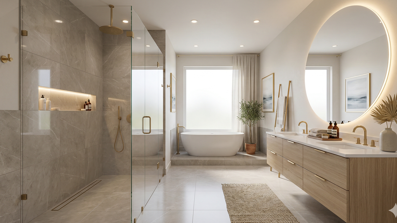 Spa-inspired master bathroom with freestanding tub and glass shower