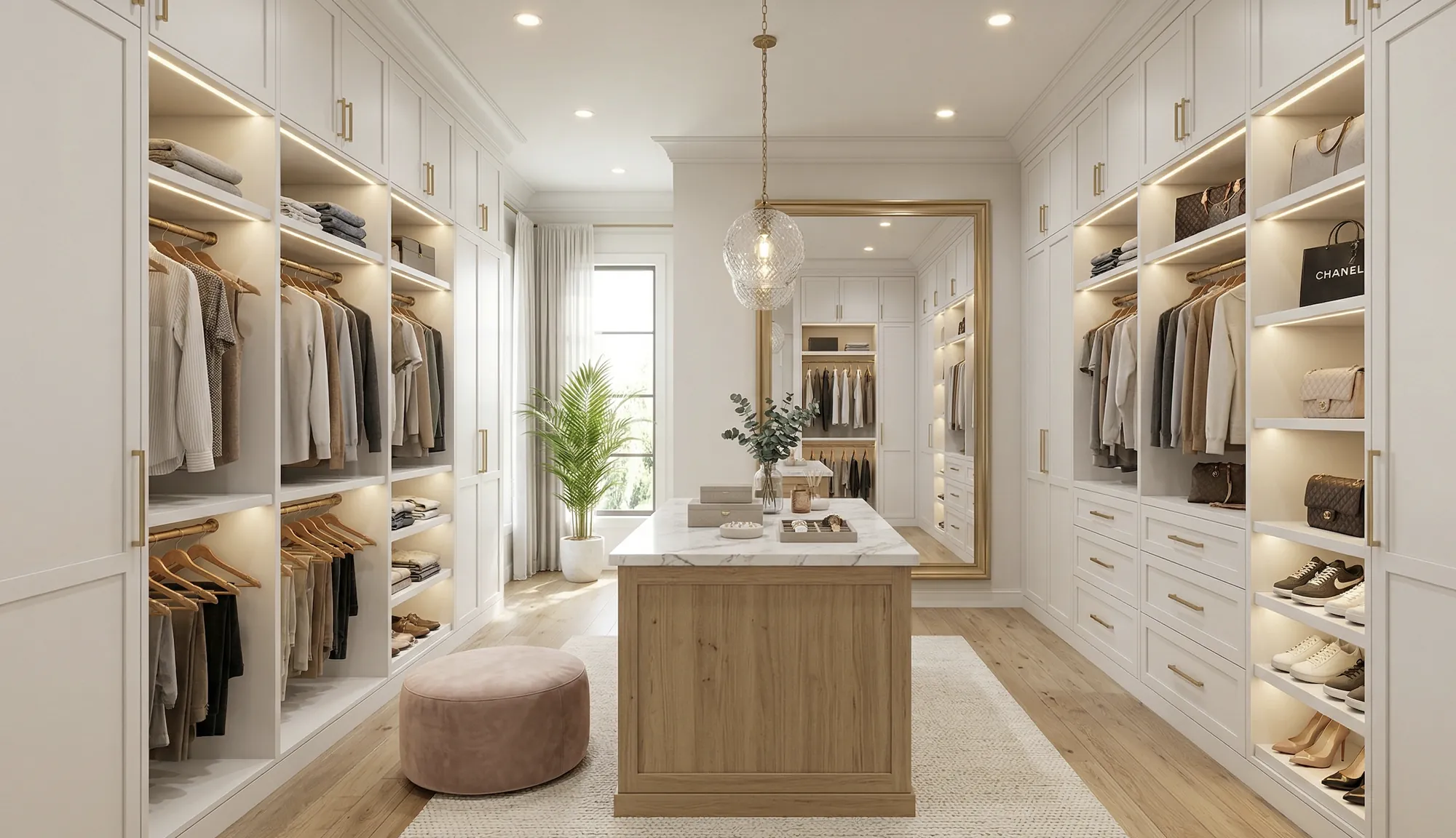 Luxury walk in closet with built in shelving and wood island