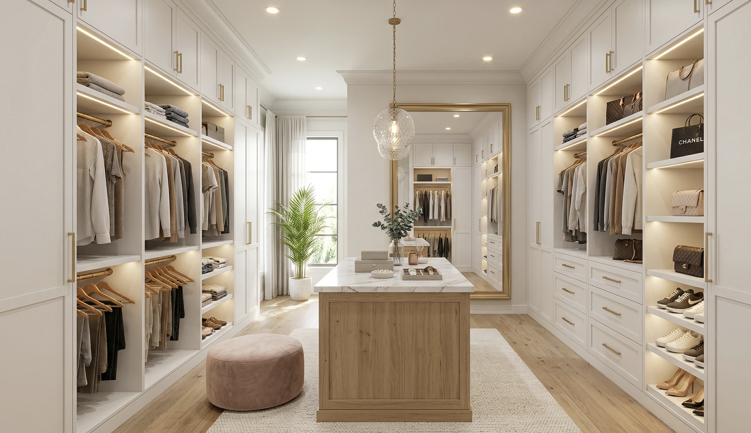 Luxury walk-in closet with built-in shelving and wood island