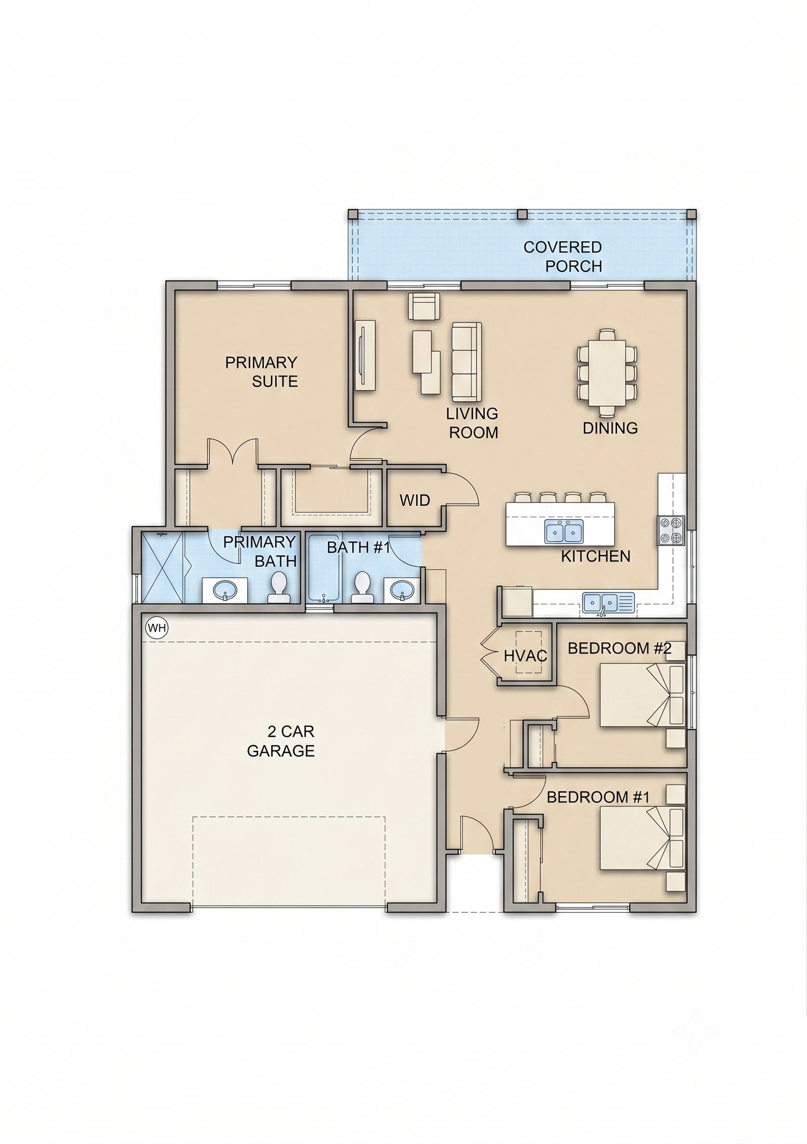 1,250 sq ft single-story floor plan with 3 bedrooms, 2 baths, covered porch, and 2-car garage by BuilderK