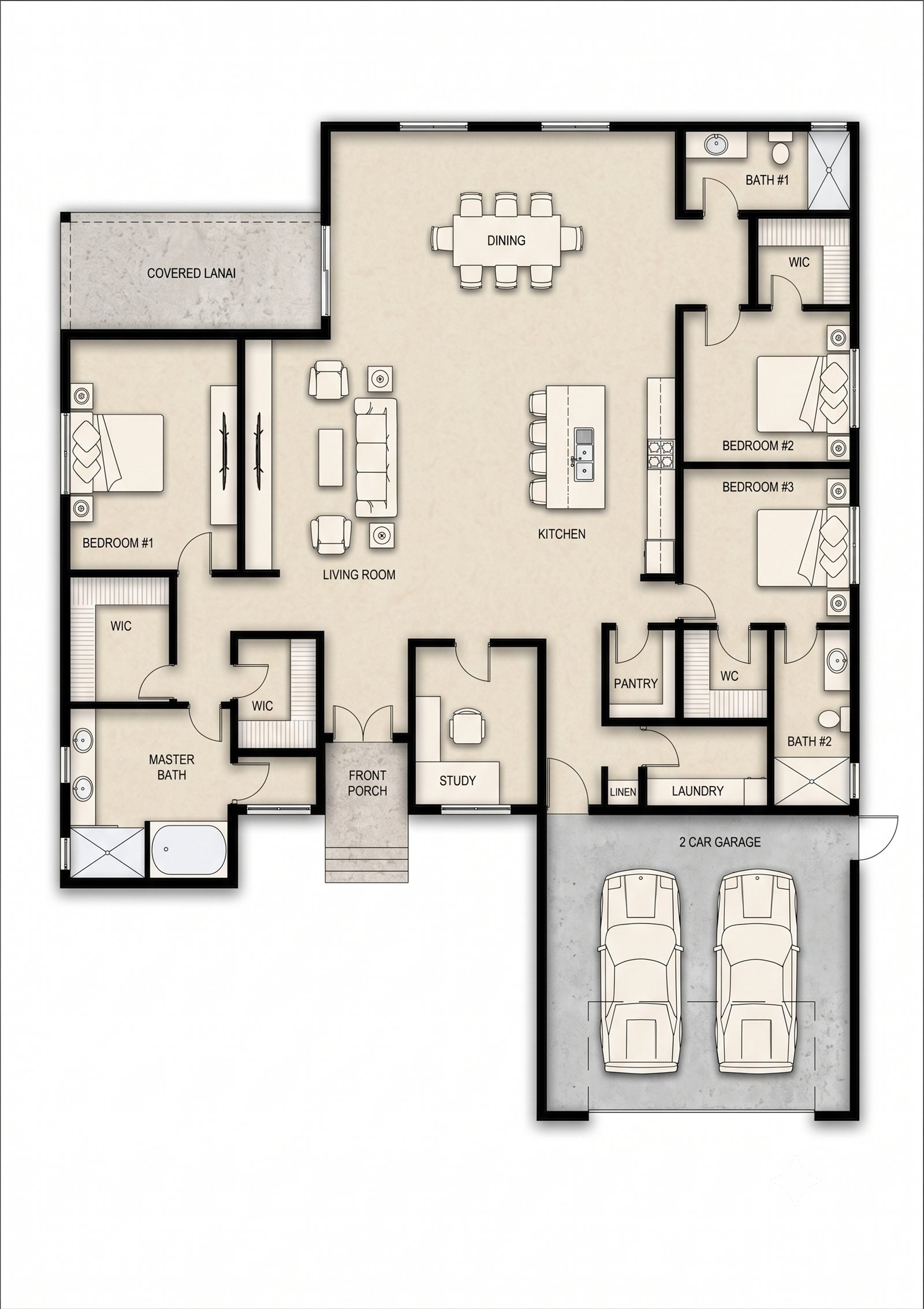2,385 sq ft single-story floor plan with 3 bedrooms, 3 baths, study, covered lanai, and 2-car garage by BuilderK