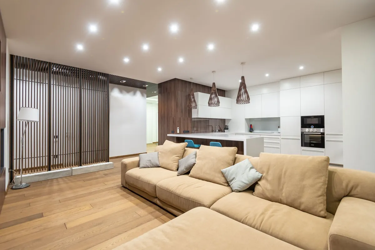 Rows of recessed ceiling lights over an open living room and kitchen